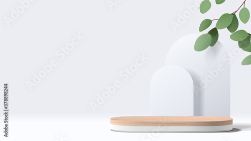 Abstract minimal scene with geometric forms. wood podium in white background with leaves. product presentation, mock up, show cosmetic product display, Podium, stage pedestal or platform. 3d vector