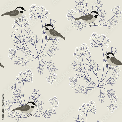 Seamless vector illustration with cute bird and meadow grass