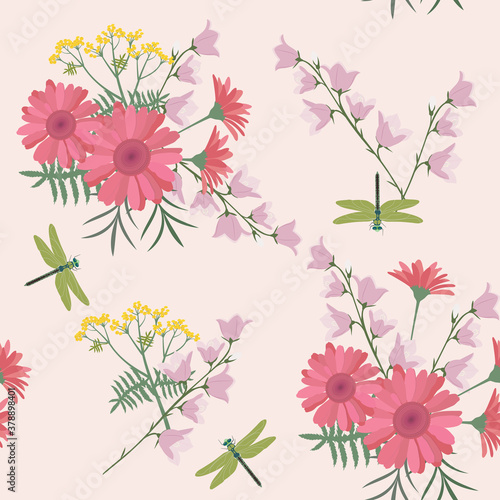 Seamless vector illustration with delicate gerberas, bells and dragonflies