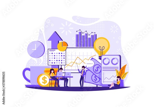 Business presentation. Man from one company giving a bright sales pitch or feedback presentation to representatives from another company who are watching and taking notes in their laptop. Vector