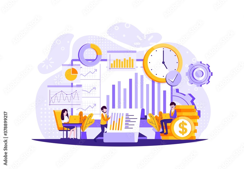 Business report tiny people concept. Team of businessmen are constructing business report. Vector illustration