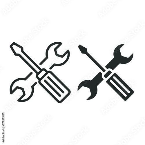 Screwdriver and wrench line and glyph icon, line style and solid style.
This form of screwdriver has been replaced in many workplaces and homes with a more modern and versatile tool, a power drill.