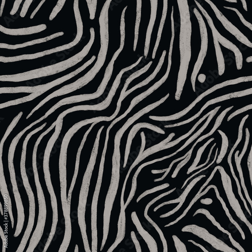 Zebra skin  stripes seamless pattern on black background. Animal print  black and white handrawn texture.
