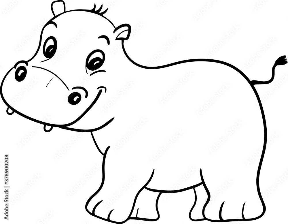 Obraz premium Vector cartoon hippo.Cute little hippo character, hand drawn vector illustration.Coloring book hippopotamus, african, savannah animal.Can be used for t-shirt print, kids wear, baby shower, nursery.