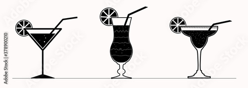 Set of three cocktail icons: Margarita, tropical, Martini, isolated on white background, vector