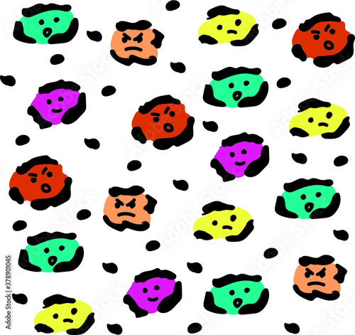 Funny leopard fur pattern with faces. Colorful abstract print with emotional countenance. Doodle simple hand drawn heads as jaguar ornament. Trendy vector illustration for textile. 