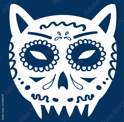 Sugar skull demonic cat. White ornate bone head for Halloween or Mexican celebration Dia de Muertos on dark background. Traditional culture Day of the Dead spooky mask. Cartoon skeleton flat vector il