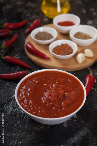Hot seasoning harissa, ground spices, hot chili peppers, vegetable oil and lemon on a black background. vertically