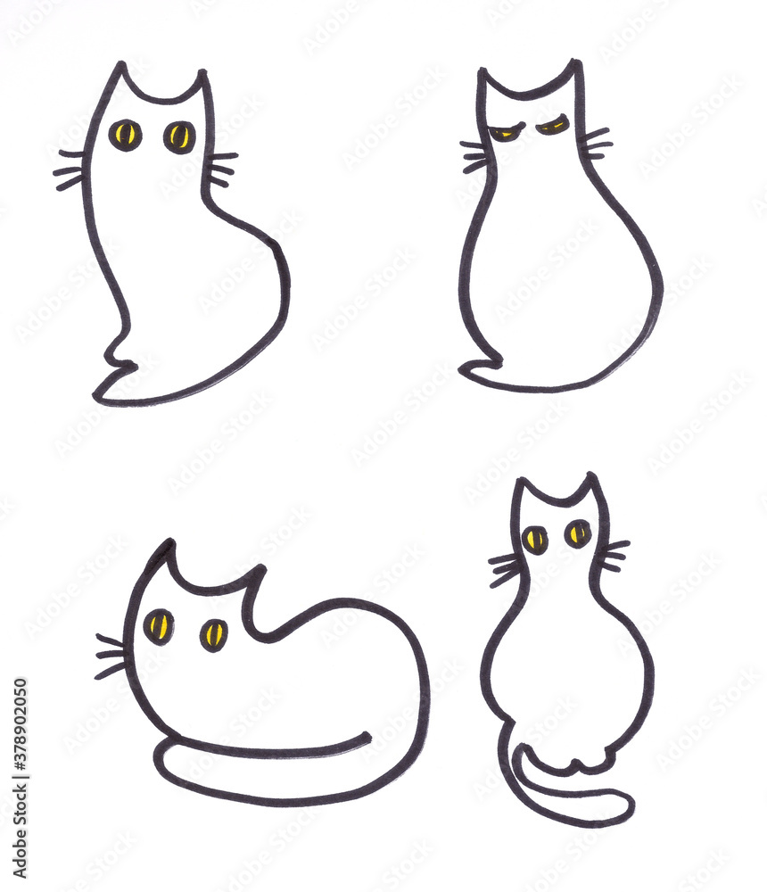 set of white cats with yellow eyes on a white background