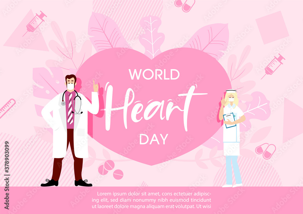 Doctor character on a giant pink heart with World Heart Day lettering and example texts on medical objects and decorated plant background. All in flat and pink color style. Doctor character on a giant pink heart with World Heart Day lettering and example texts on medical objects and decorated plant background. All in flat and pink color style.