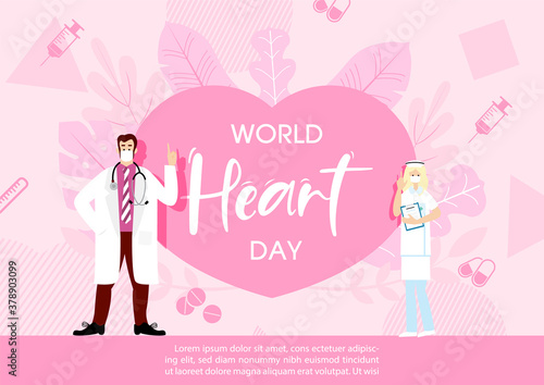 Doctor character on a giant pink heart with World Heart Day lettering and example texts on medical objects and decorated plant background. All in flat and pink color style.