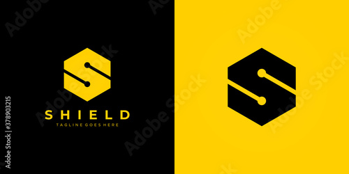 Abstract Initial Letter S Logo. Black and Yellow Geometric Hexagonal Shape isolated on Double Background. Usable for Business, Building and Technology Logos. Flat Vector Logo Design Template Element.