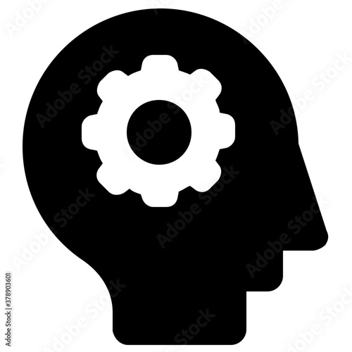 Filled design of brainstorming icon, gear inside mind 