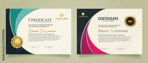 Set modern certificate template with realistic texture diamond shaped on the ornament and modern pattern background