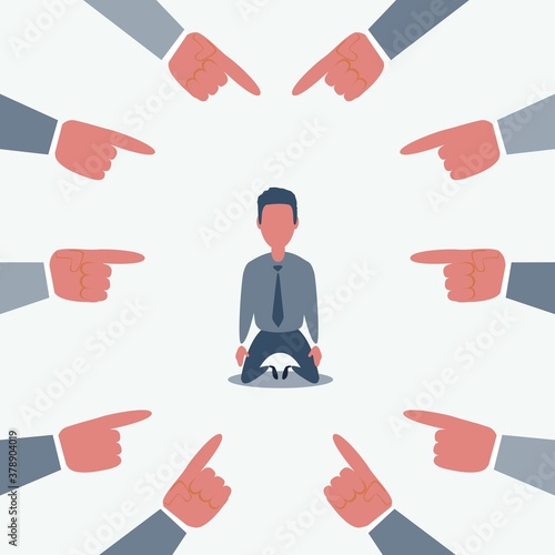 Plenty of crop hands fingers pointing at young man feeling guilty and being introvert. Man character on the knees.Vector flat cartoon illustration