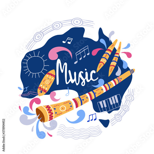 Illustration of ancient musical instruments of thes of Australia-didgeridoo. Design concept template for a flyer or invitation on the background of a map of Australia. Cartoon style