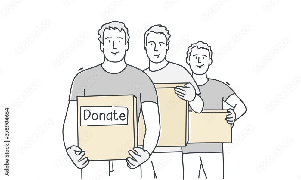 People hold boxes with the inscription donate. Hand drawn vector illustration.