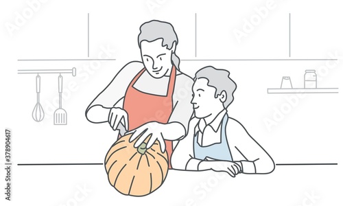 Mom and son prepare pumpkin in the kitchen. Hand drawn vector illustration.