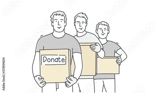 People hold boxes with the inscription donate. Hand drawn vector illustration.
