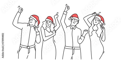 Business people in Christmas hats dancing. Hand drawn vector illustration.