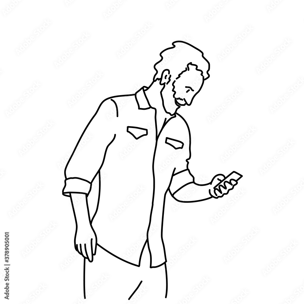 Man with beard using phone on white background. Mobile phone wireless communication. Business success concept. Vector line.