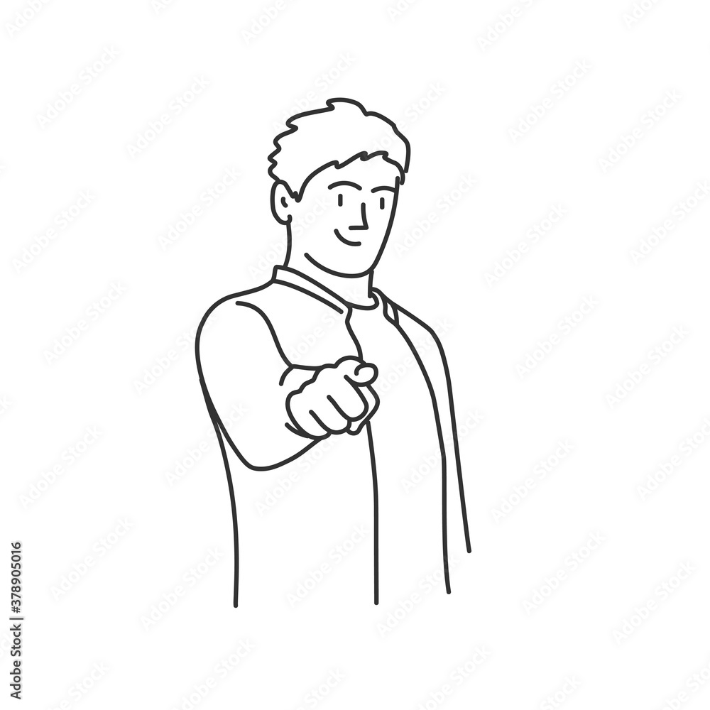 Guy pointing at you forefinger. White background. Vector line. Guy pointing at you forefinger. White background. Vector line.
