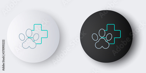 Line Veterinary clinic symbol icon isolated on grey background. Cross hospital sign. Stylized paw print dog or cat. Pet First Aid sign. Colorful outline concept. Vector.