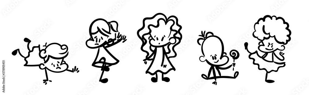 Fototapeta premium Collection of happy cartoon kids, lined hand drawn doodle outline style