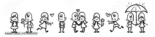 Collection of happy cartoon kids, lined hand drawn doodle outline style