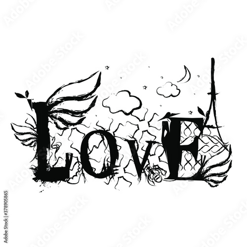 Love background lettering Heart wings cloud moon Eiffel tower logo icon sign symbol Abstract grunge Modern drawn design Fashion print clothes apparel greeting invitation card banner poster flyer cover