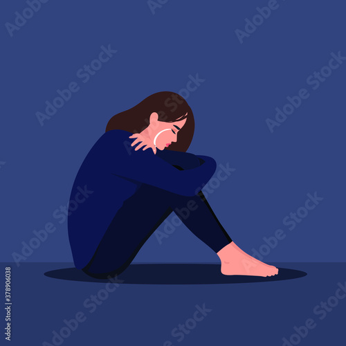 Sad crying lonely young woman sitting on floor. Depressed unhappy girl. Female character in depression, sorrow, sadness. Mental disorder or illness. Colorful vector illustration in flat cartoon style.