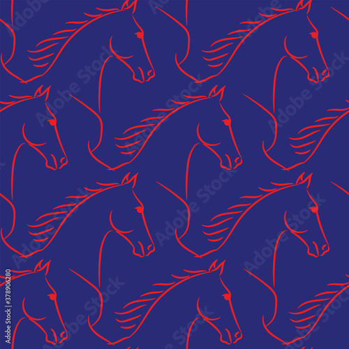Seamless pattern horses lineart. Running horse, flutter mane. Realistic hand drawn doodle vector illustration.