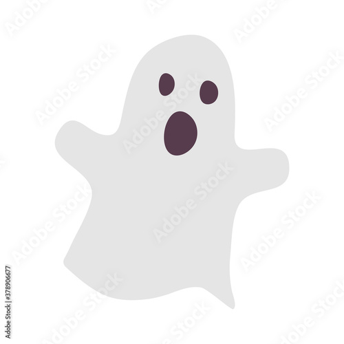 A cute gray ghost that screams, makes a sound, opens his mouth wide, howls. Vector illustration in flat style, design element for halloween sale banner, party invitation, greeting card, poster