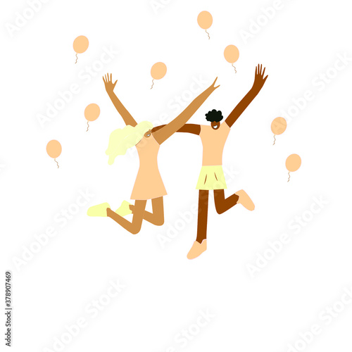 two girls are jumping  balloons are flying around