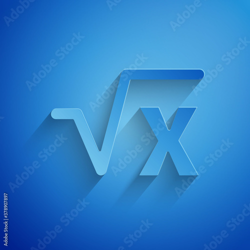 Paper cut Square root of x glyph icon isolated on blue background. Mathematical expression. Paper art style. Vector.