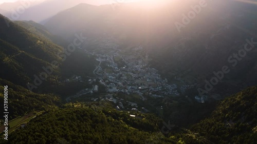 Aerial view on Sunset over Encamp town in the middle of Pyrenees mountains, Andorra