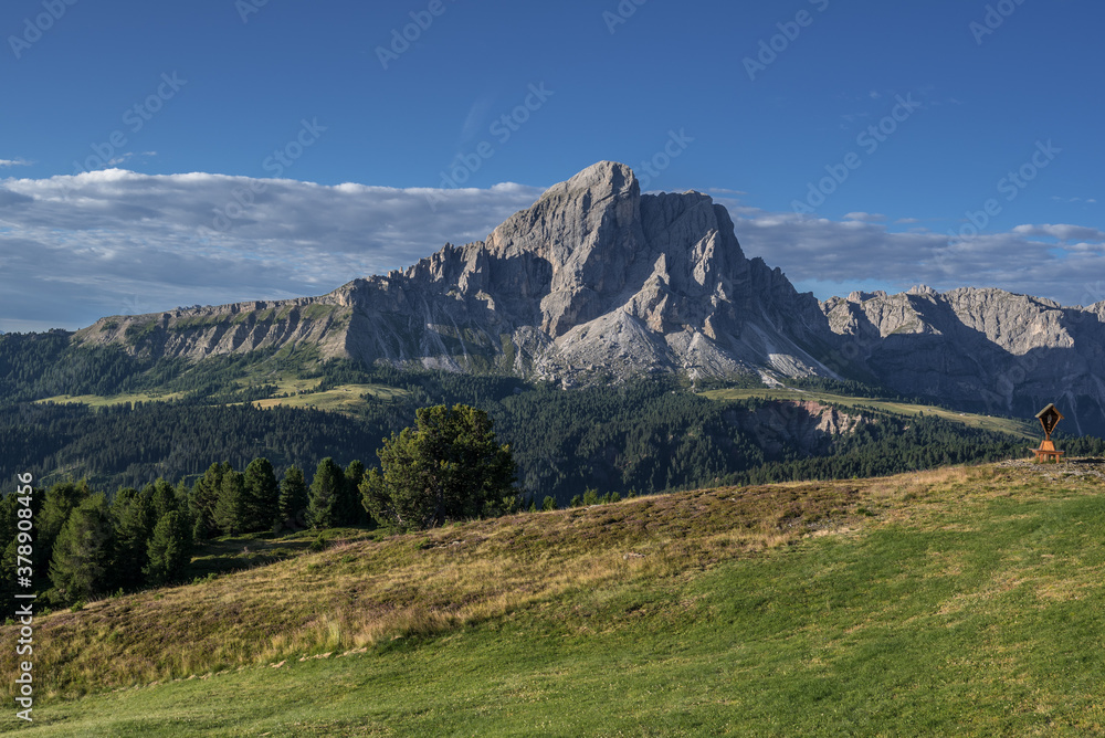 Sass de Putia, the lonely mountain with its two summits, Picollo Putia & Grand Putia  as seen from Monte Muro refuge, high above Passo delle Erbe (Erbe pass), Dolomites, Trentino, Alto-Adige, Italy. 