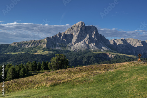 Sass de Putia, the lonely mountain with its two summits, Picollo Putia & Grand Putia as seen from Monte Muro refuge, high above Passo delle Erbe (Erbe pass), Dolomites, Trentino, Alto-Adige, Italy. 