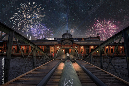 Canvas Print Silvester Feuerwerk über Hamburg Fischmarkt