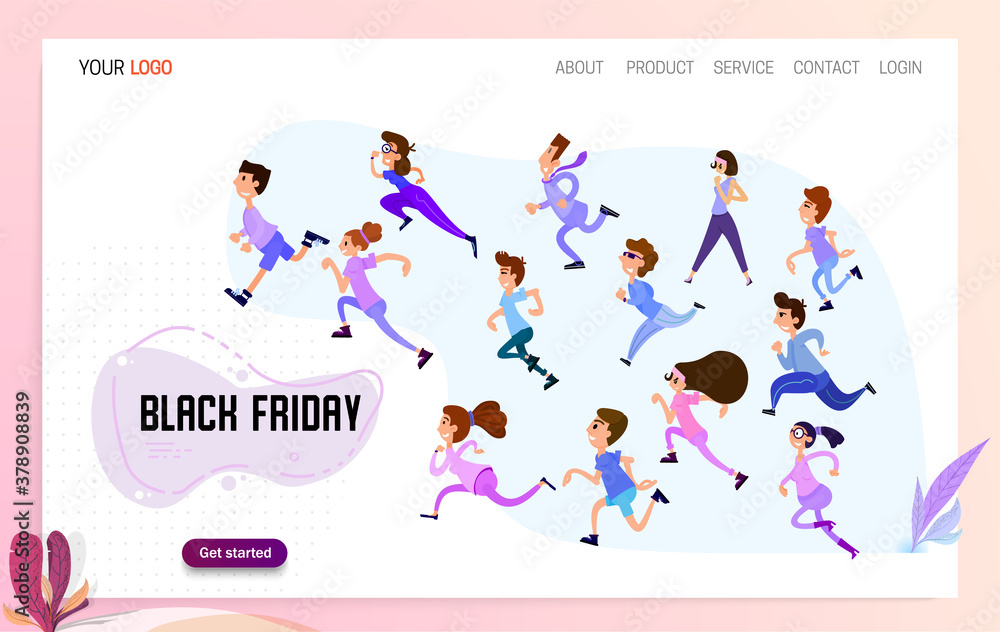 Happy people are running to the sale, Black Friday has begun. Landing page for a discount website