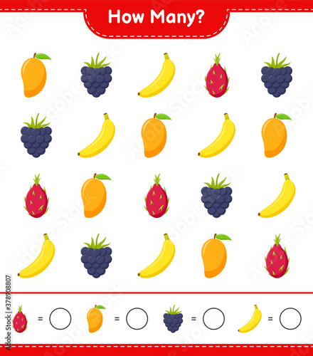 Counting game, how many fruits educational children game, printable worksheet, vector illustration
