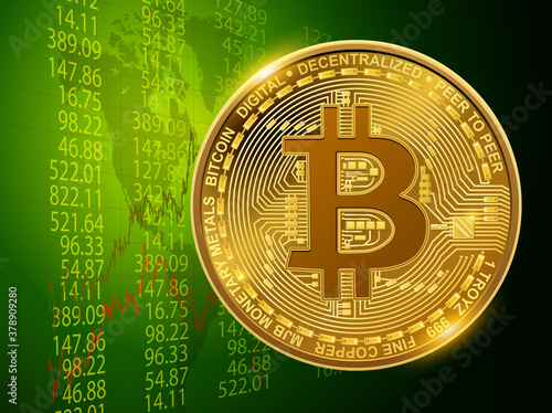 Business background with bitcoin icon and 3D finacial data diagrams, vector economical concept design