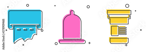 Set Paper towel dispenser on wall, Condom and Medicine bottle icon. Vector.