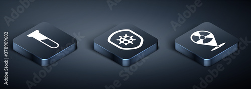 Set Isometric Test tube and flask, Radioactive in location and Shield protecting from virus icon. Vector.