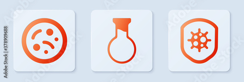 Set Test tube and flask, Bacteria and Shield protecting from virus. White square button. Vector.