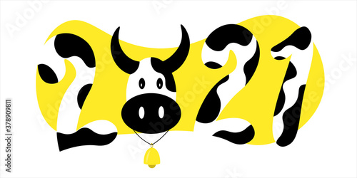 2021 Happy New Year text children design.   Spotted numbers like black and white cow pattern. Symbol winter holiday in kids flat style. 