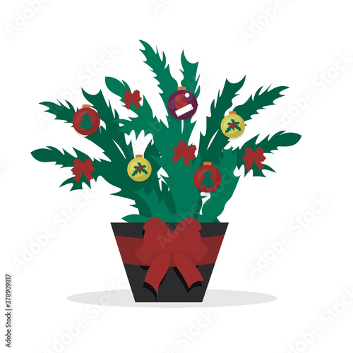 Christmas tree in pot with red bow. Decorated fir branches with balls. Cute holiday illustration in flat style.