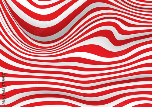 Abstract 3D background with red and white distorted lines, vector illustration.