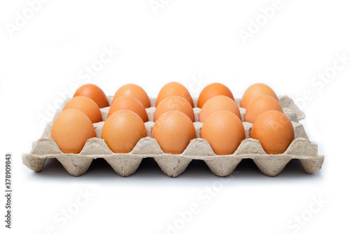 Close-up view of raw chicken eggs on white background. Raw chicken eggs in egg box organic