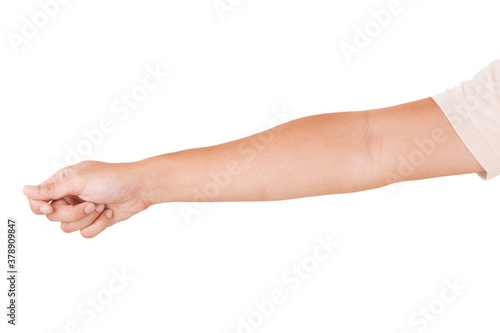 Hand Holding Paper Card Pose on White background. © aekkorn